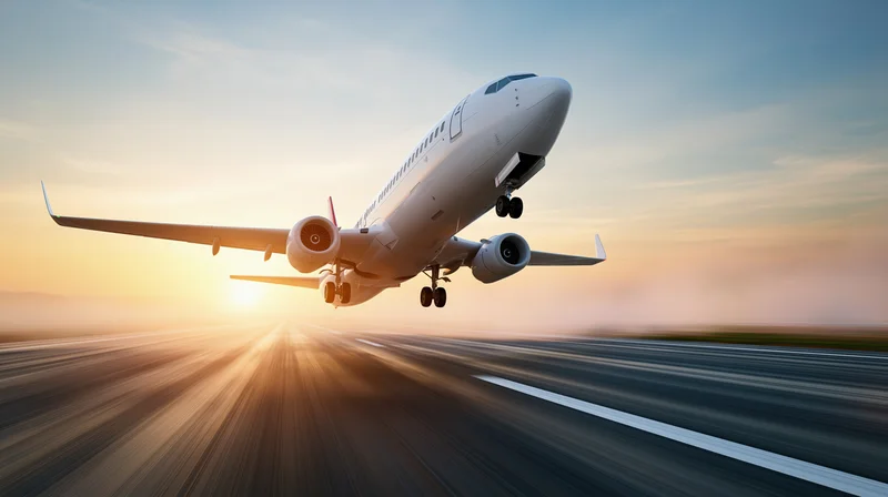 White commercial jet lifting off runway at sunrise with motion blur on tarmac