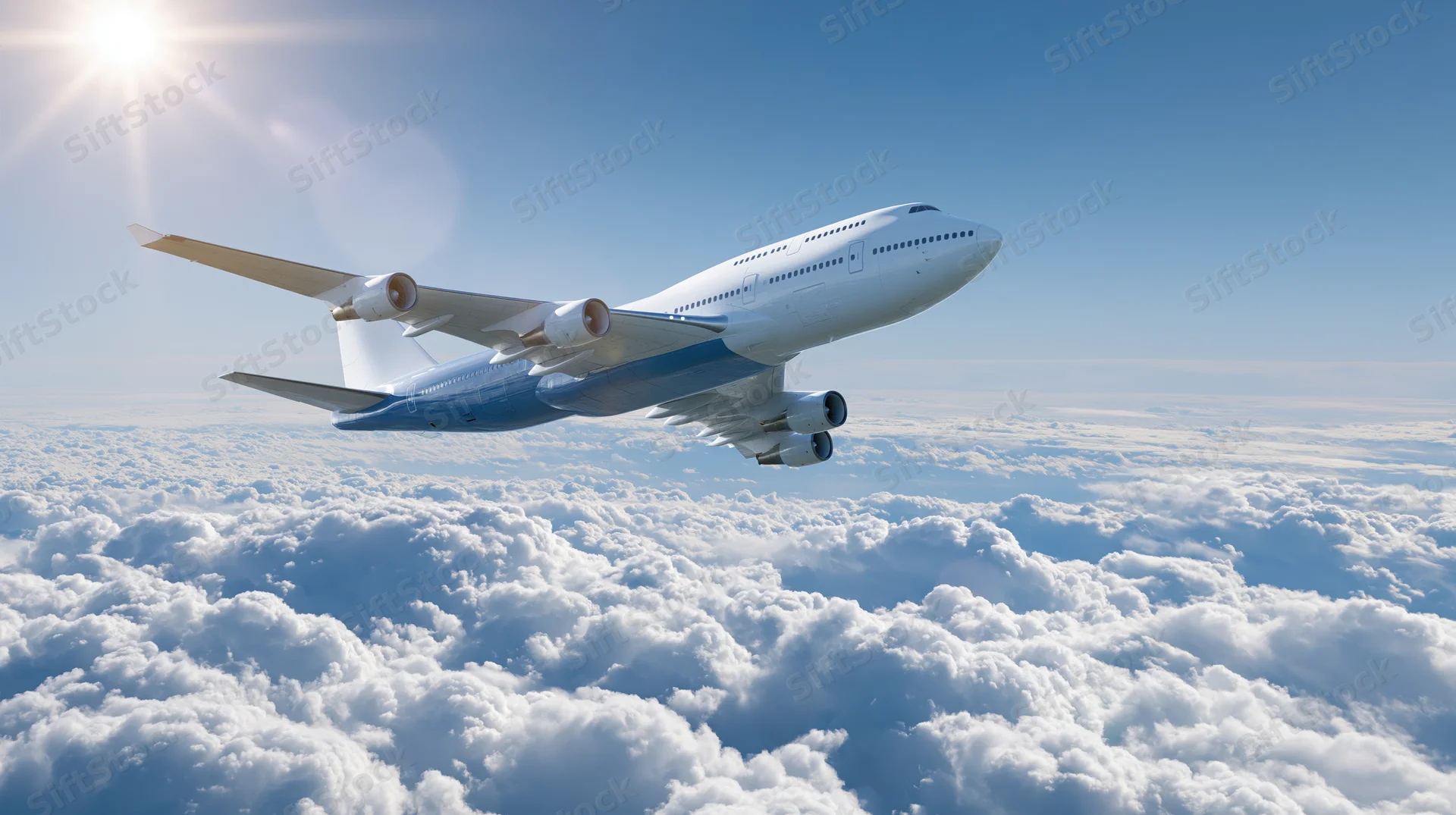White wide-body commercial jet flying above dense clouds in clear blue sky with sun shining brightly