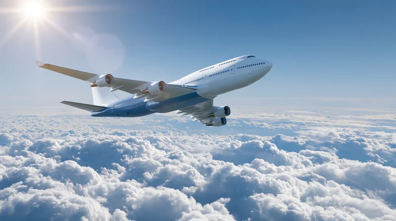 White wide-body commercial jet flying above dense clouds in clear blue sky with sun shining brightly