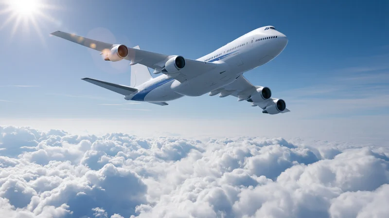 White commercial jet flying above dense clouds in clear blue sky with sun shining brightly