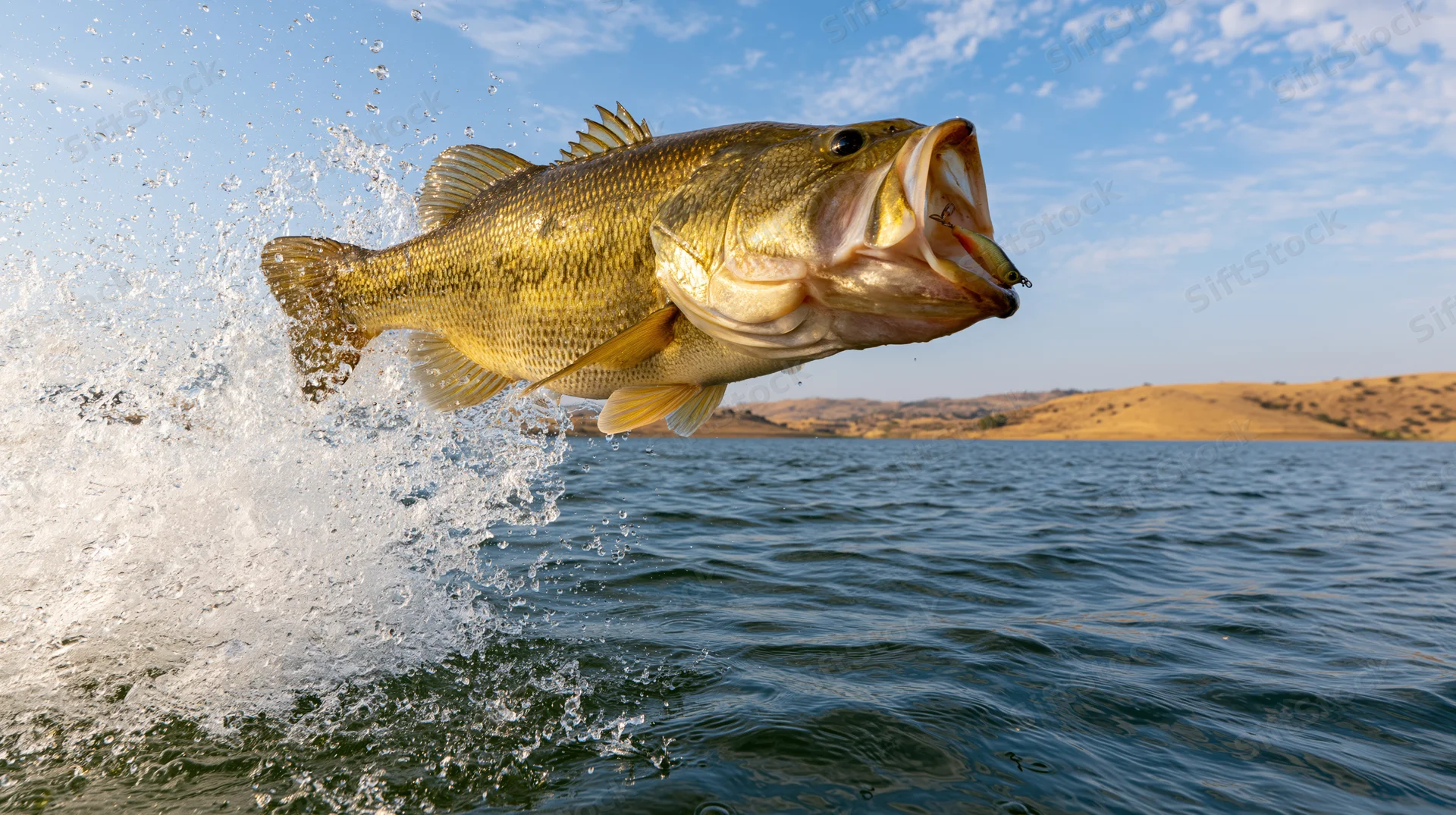 Largemouth bass leaping out of lake with fishing lure in mouth