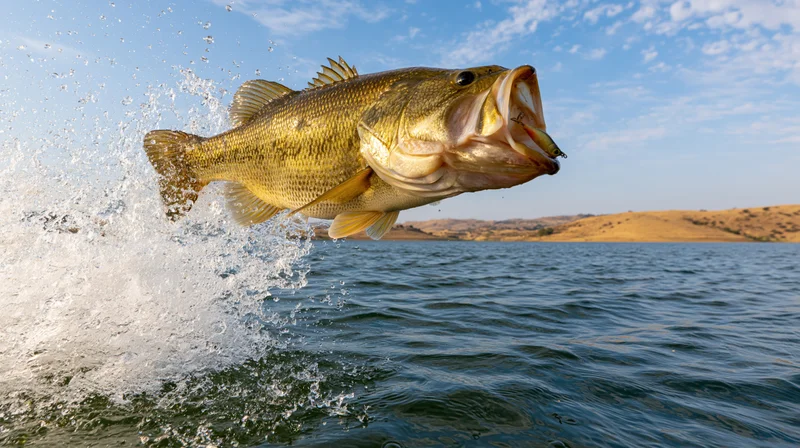Largemouth bass leaping out of lake with fishing lure in mouth