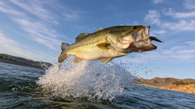 Largemouth bass leaping out of lake with fishing lure in mouth