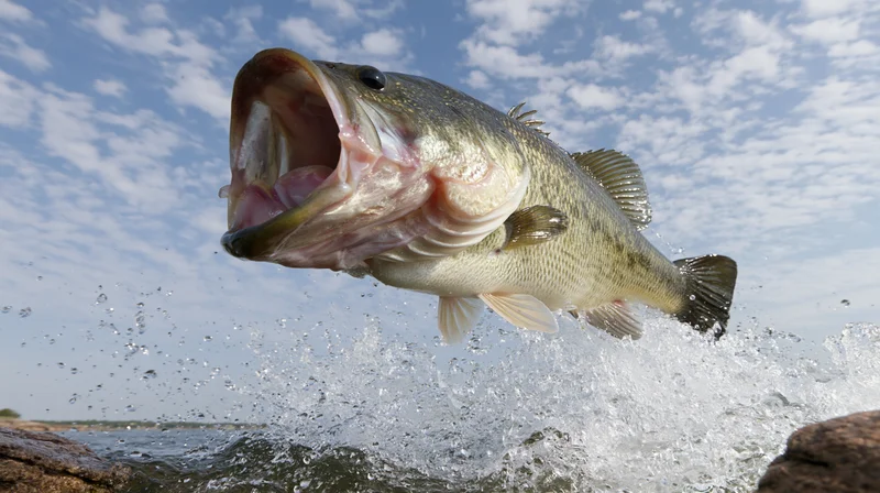 Largemouth bass leaping out of lake water with mouth open wide