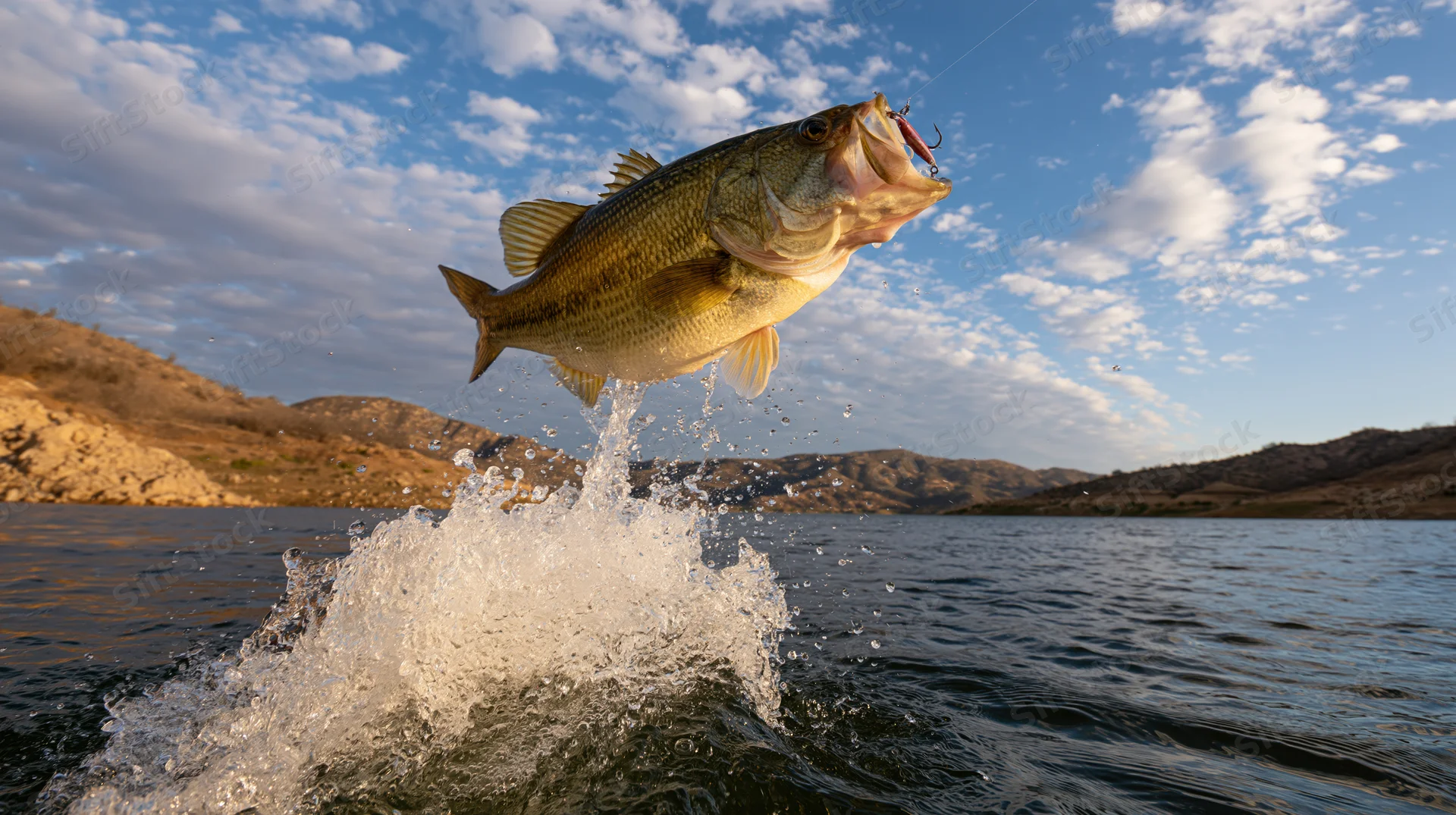 Largemouth bass leaping out of water with a lure hooked in its mouth over a lake