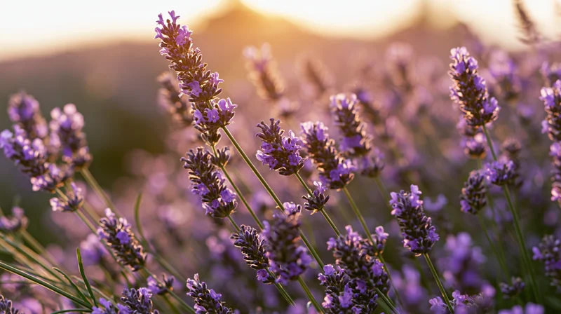 Lavender stalks in full bloom filling the foreground of a field at golden hour