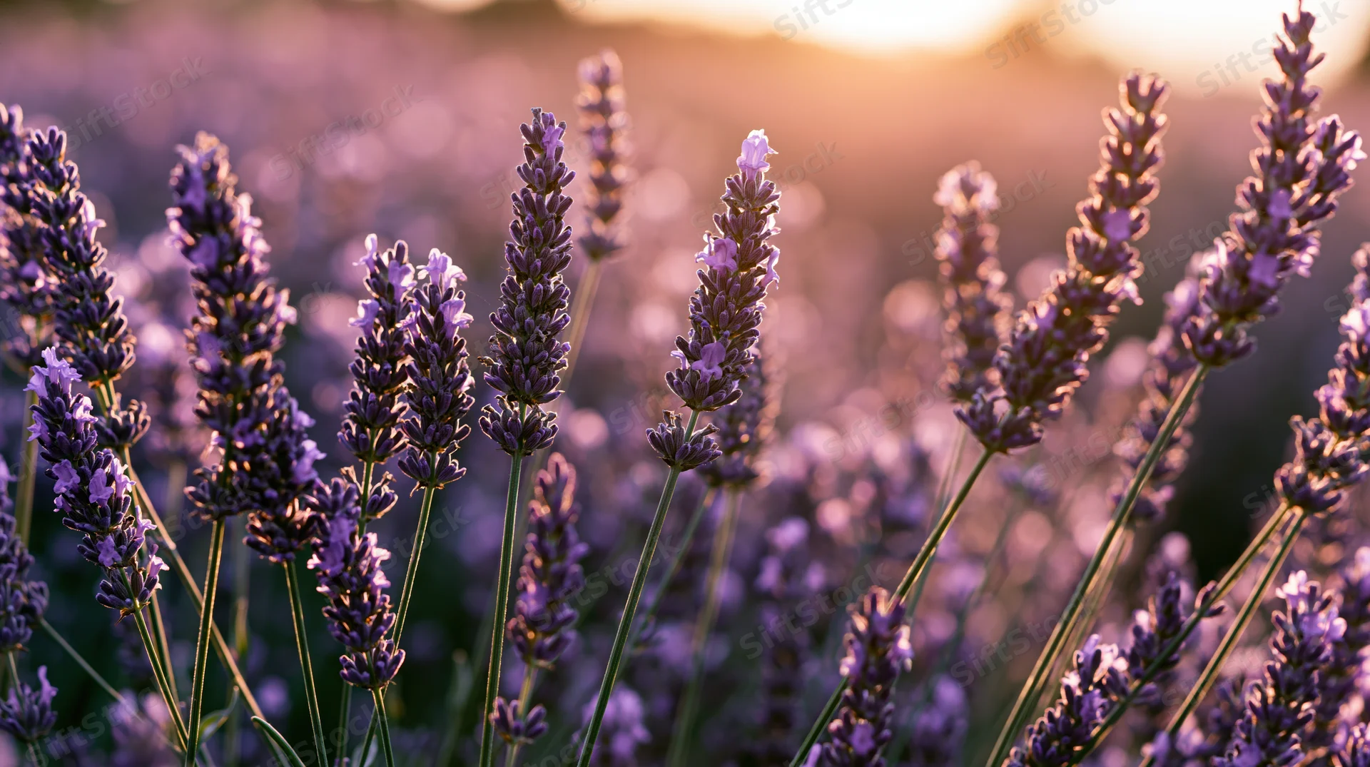 Lavender stalks in full bloom filling the foreground of a field at golden hour