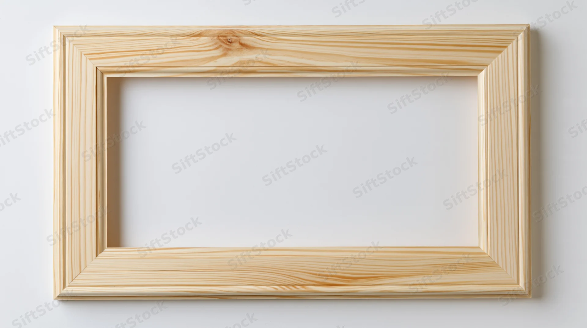 Rectangular pine wood picture frame hanging on white wall