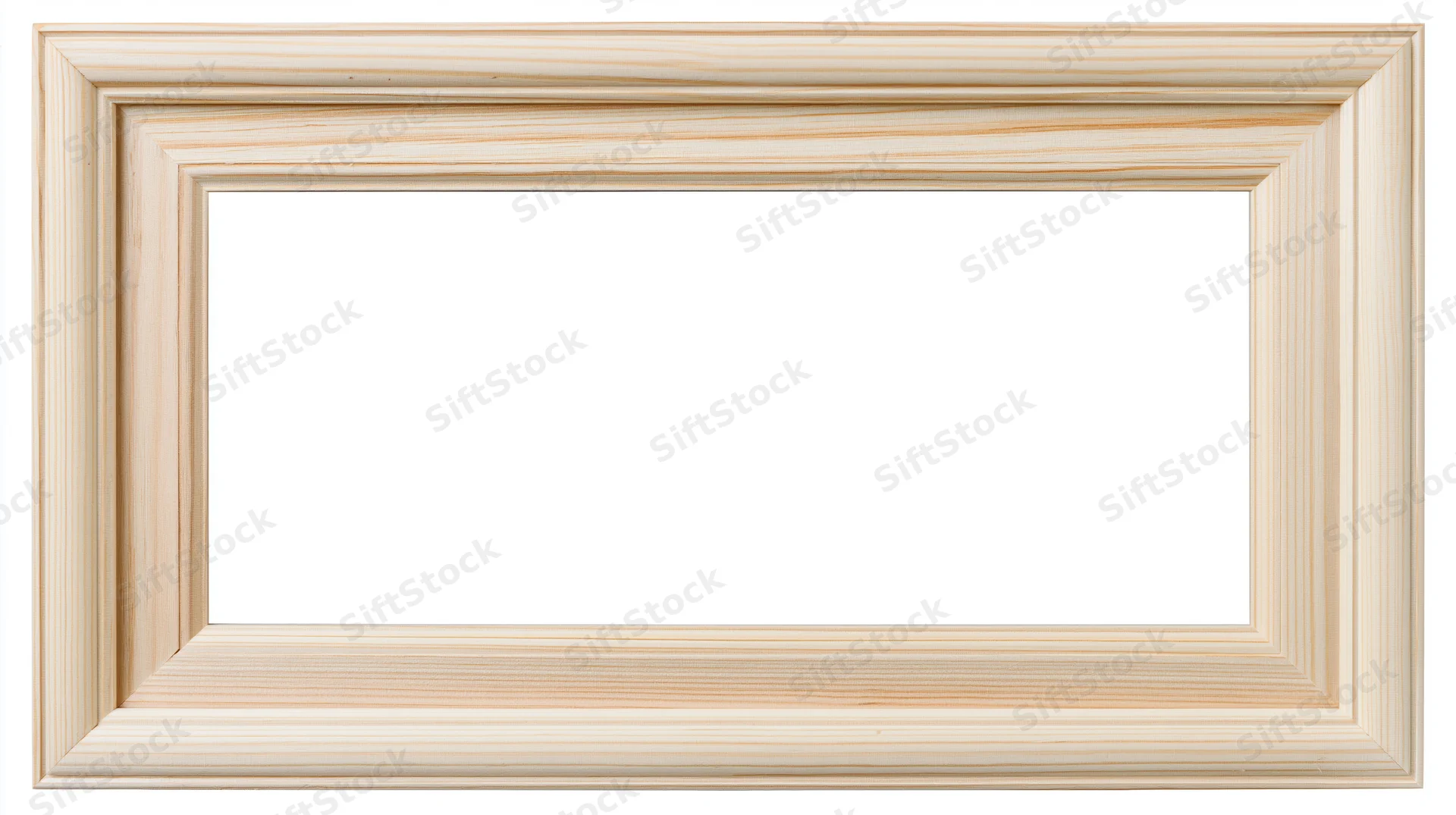 Rectangular natural pine wood picture frame with visible grain and clean edges isolated on white background
