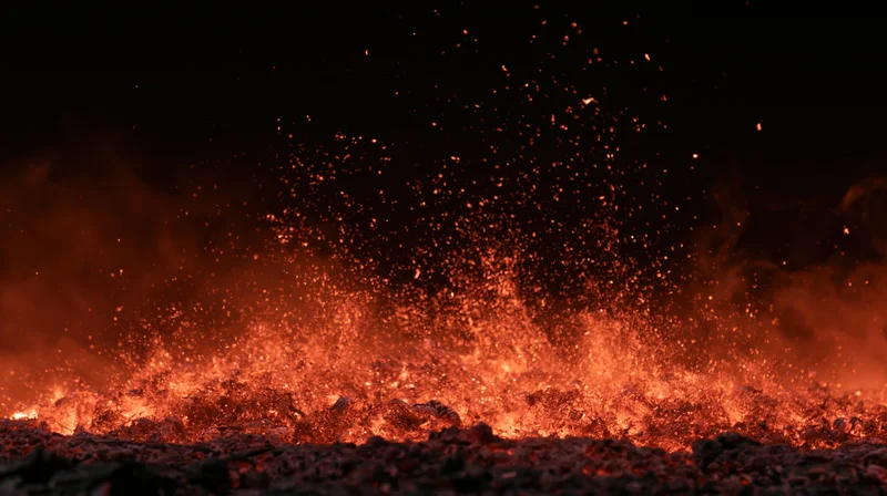 Glowing embers and sparks rising from molten lava at night