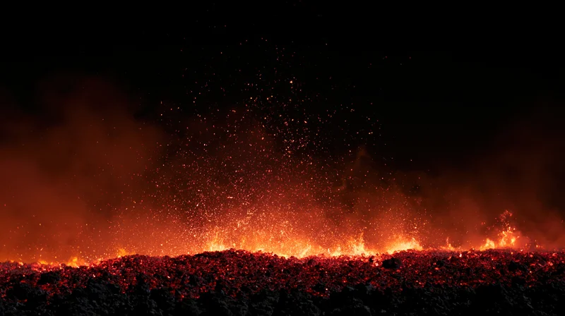 Glowing embers and sparks rising from molten lava at night