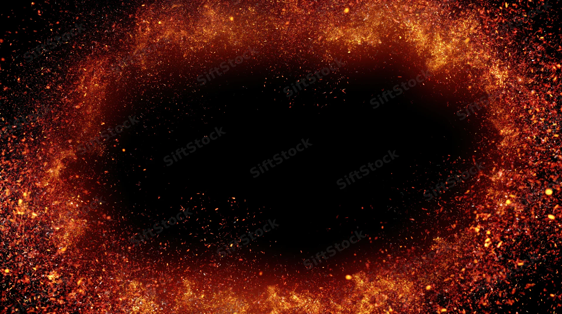 Glowing orange sparks and embers scattered around a dark central void