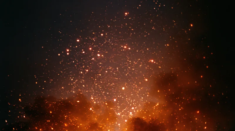 Glowing embers and smoke rising into the night sky