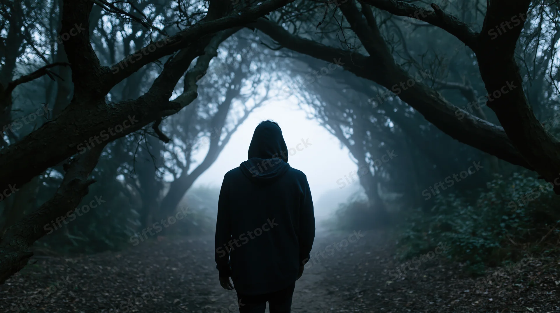 Lone figure in a hoodie walking away down a narrow dirt path in a foggy forest