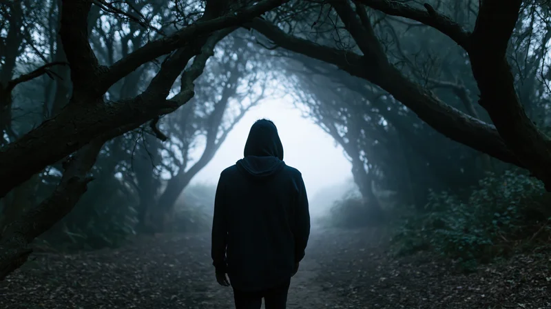 Lone figure in a hoodie walking away down a narrow dirt path in a foggy forest
