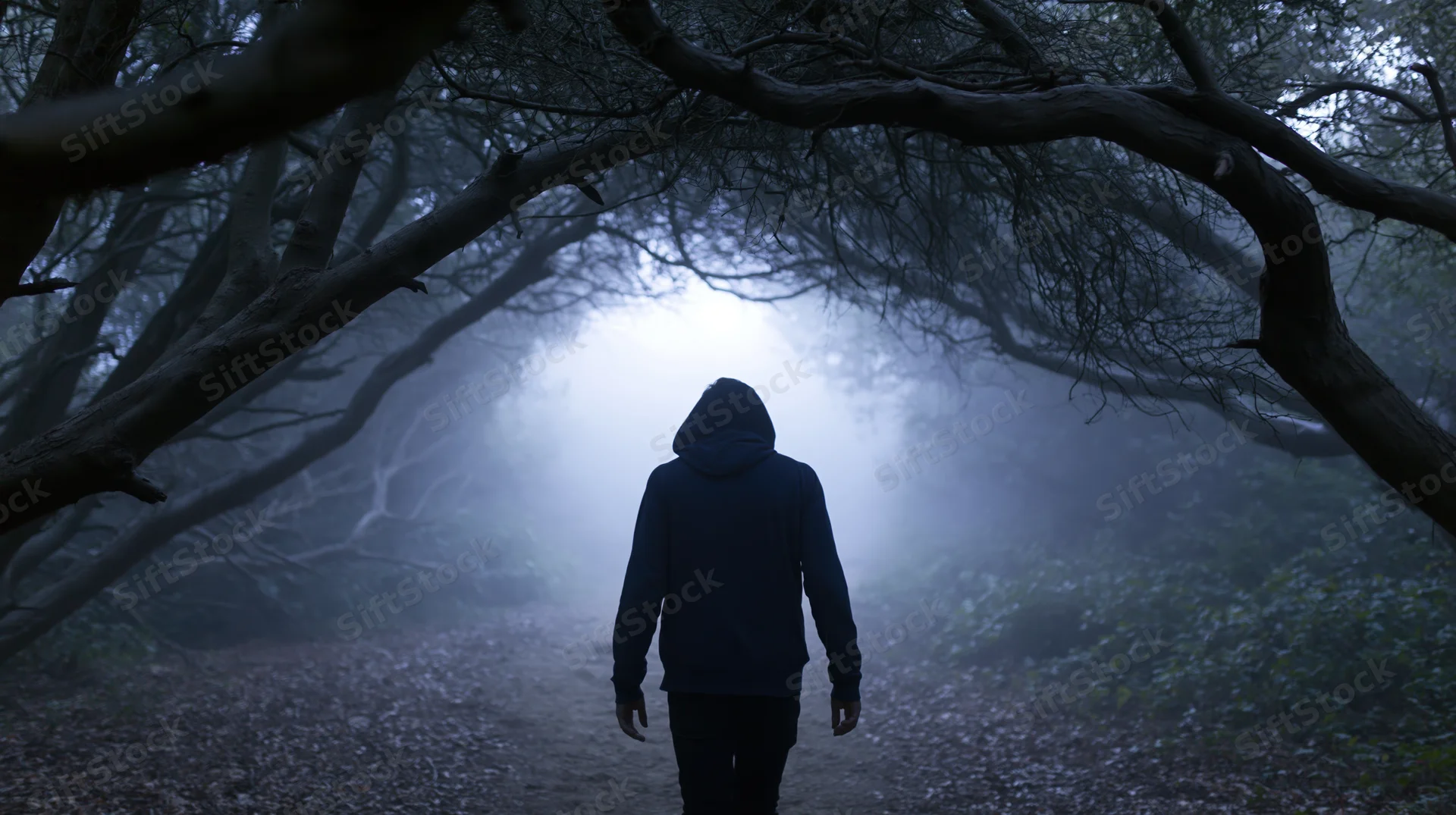 Person in hoodie walking away down narrow dirt path in foggy forest