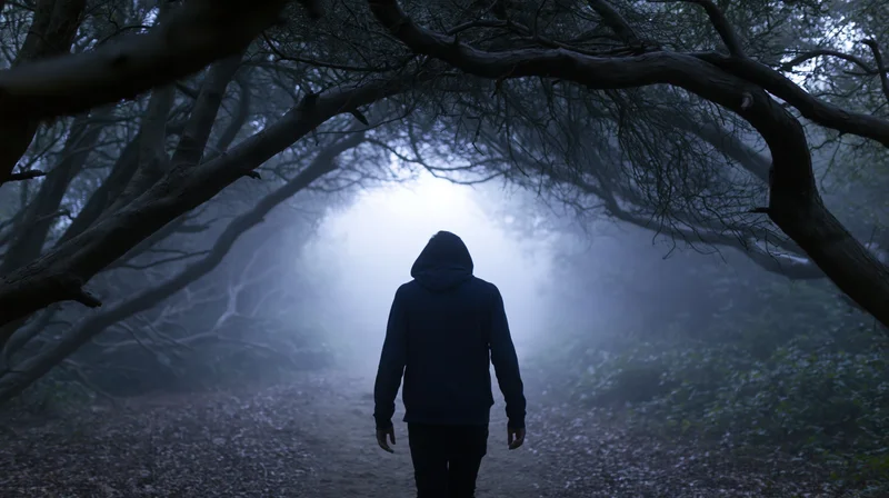 Person in hoodie walking away down narrow dirt path in foggy forest