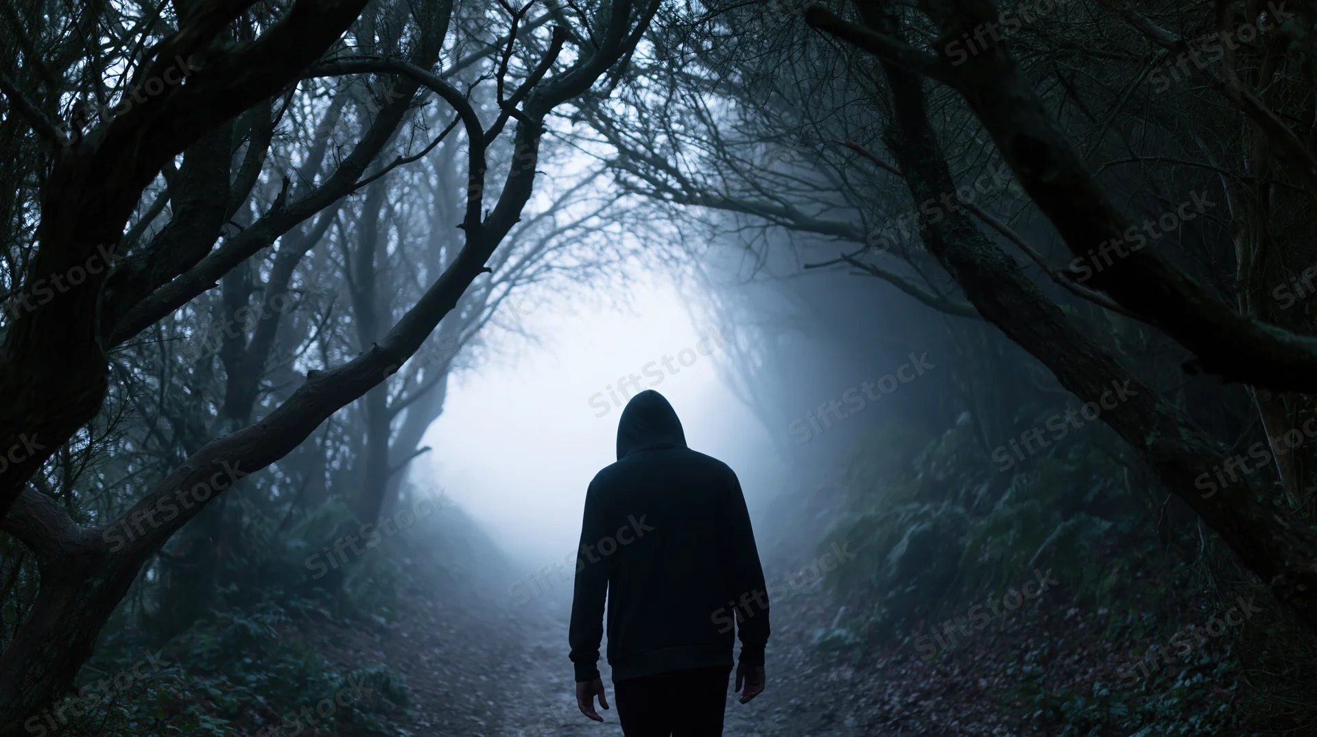 Lone figure in a hoodie walking away down a narrow dirt path in a foggy forest