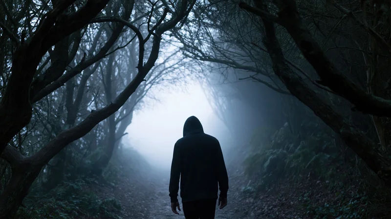 Lone figure in a hoodie walking away down a narrow dirt path in a foggy forest
