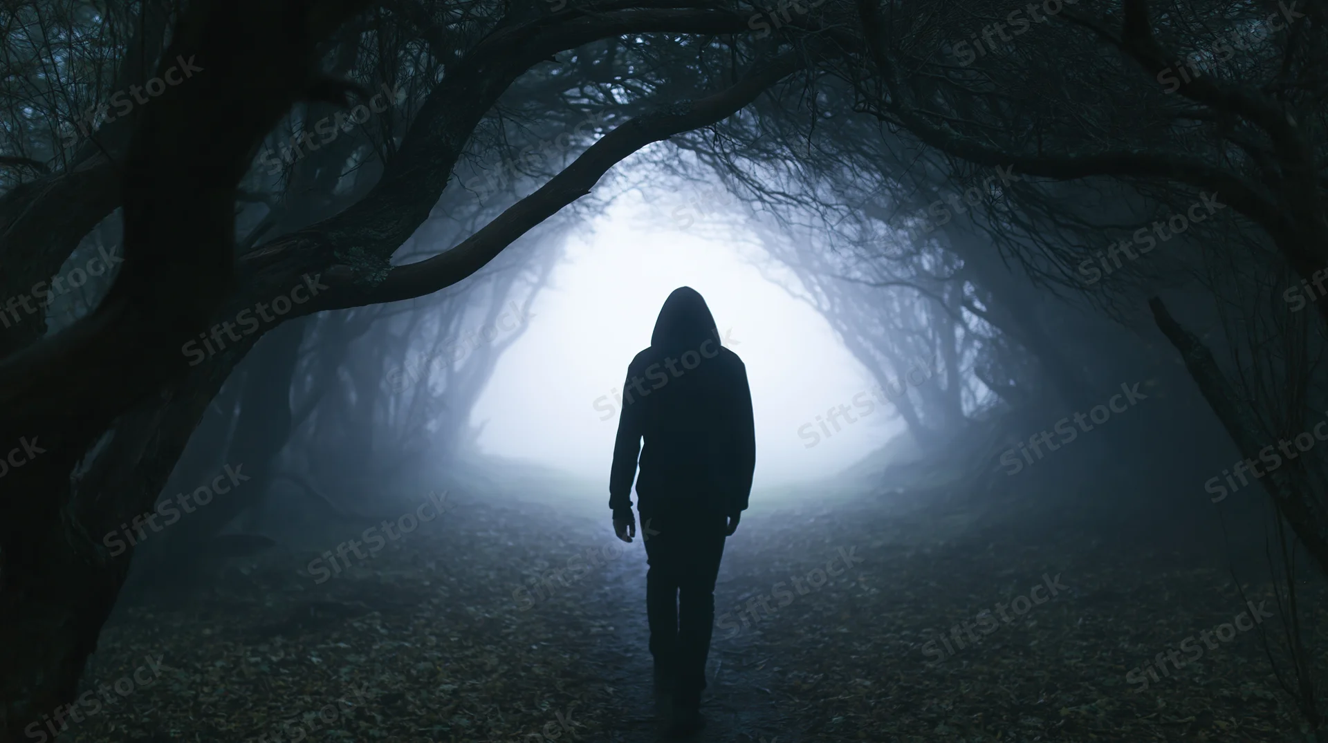 Hooded figure walking away down a narrow dirt path in a foggy forest