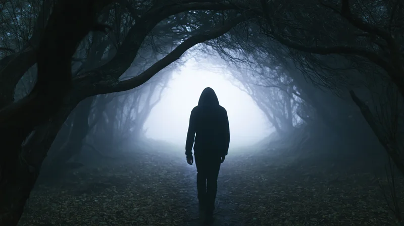 Hooded figure walking away down a narrow dirt path in a foggy forest