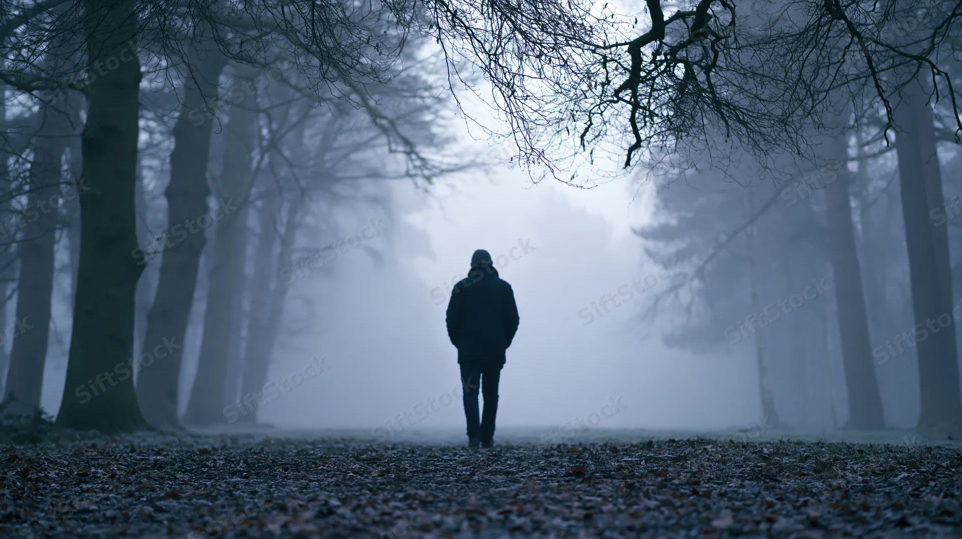 Man walking away along a straight forest path flanked by bare trees in fog