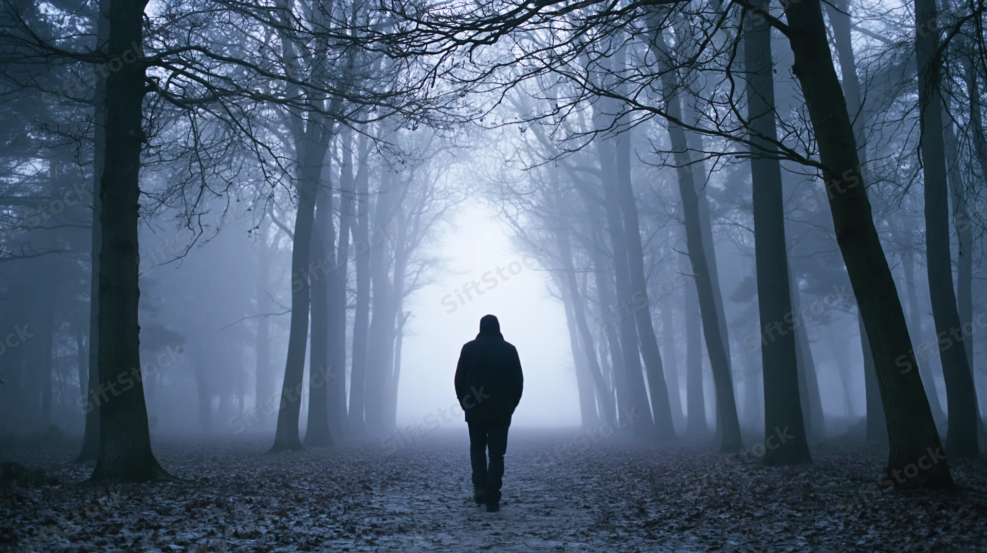 Silhouette of a hooded man walking away along a straight forest path flanked by bare trees in fog