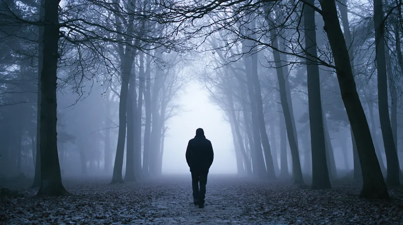 Silhouette of a hooded man walking away along a straight forest path flanked by bare trees in fog