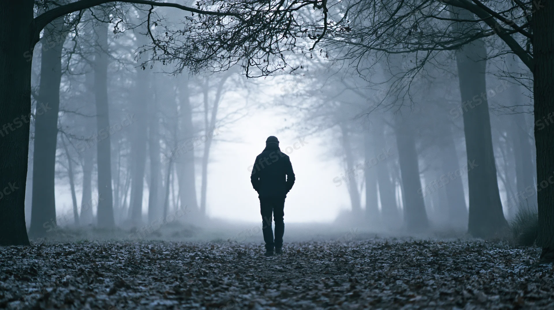 Man walking away along a straight forest path flanked by bare trees in fog