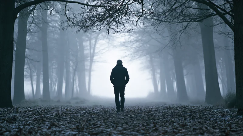 Man walking away along a straight forest path flanked by bare trees in fog