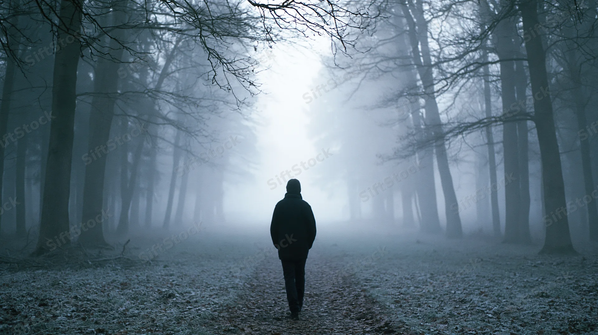 Person walking away along a straight forest path flanked by bare trees in fog