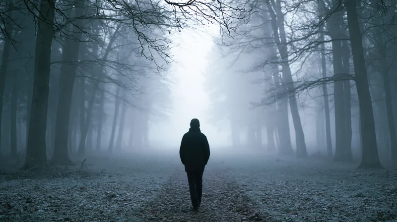 Person walking away along a straight forest path flanked by bare trees in fog