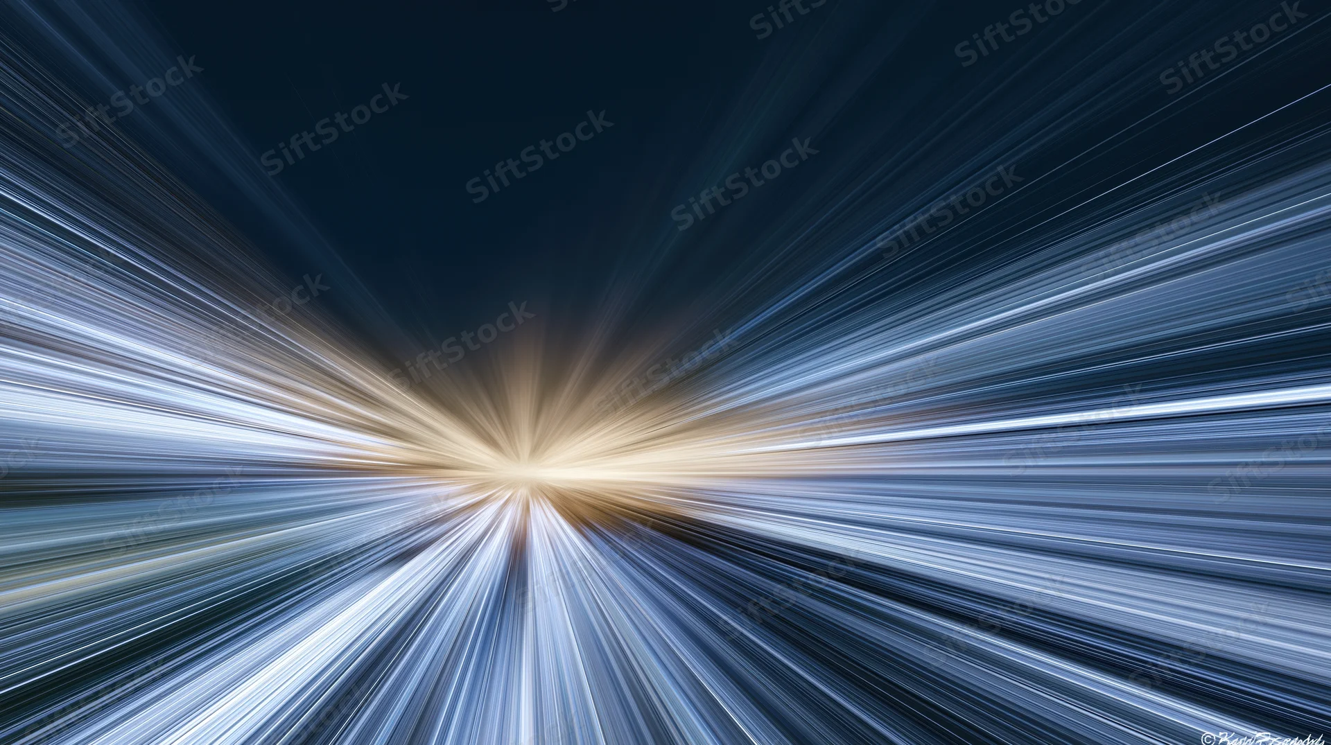 Light streaks radiating outward from a central point in a dark blue abstract background
