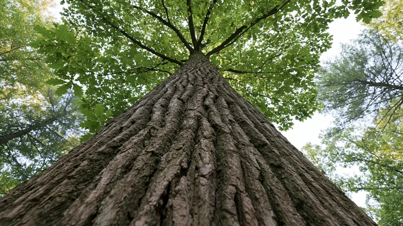 Low angle view up a tall hardwood tree trunk through its leafy canopy in a forest