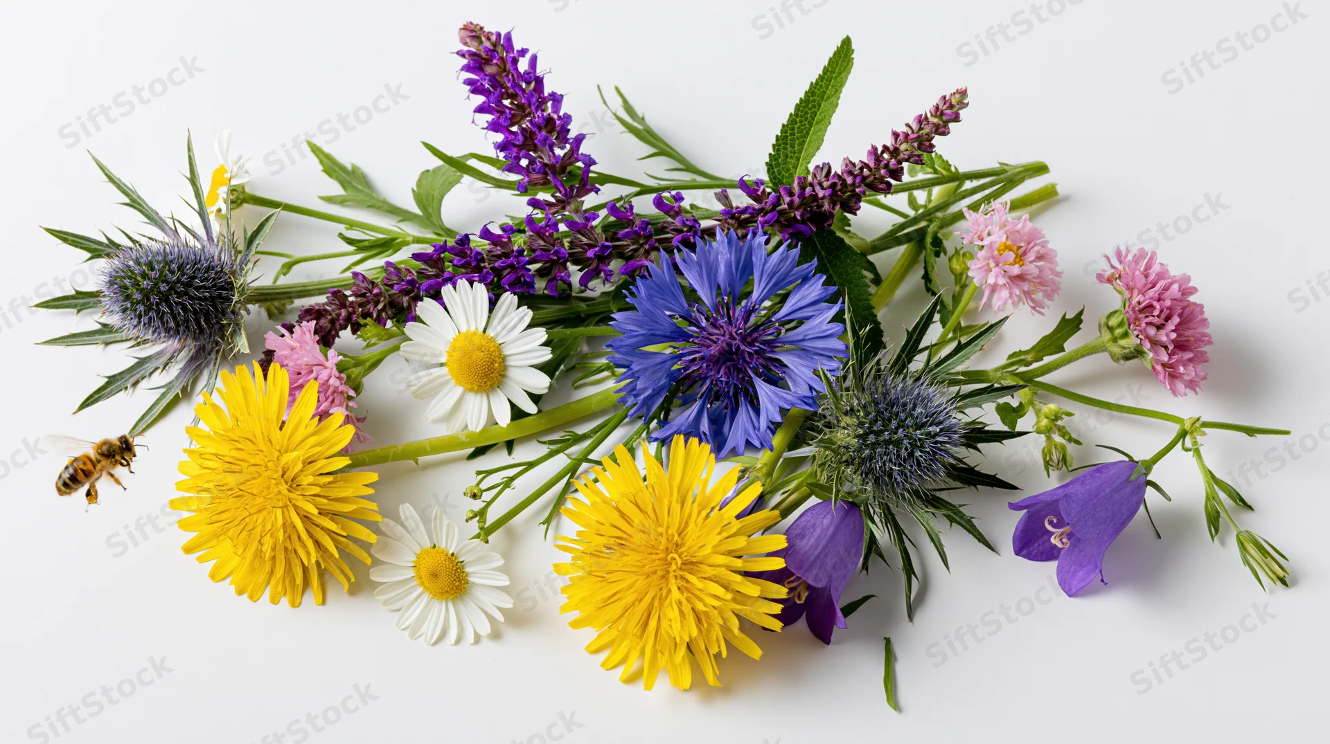 Loose arrangement of wild meadow flowers with a bee on white background