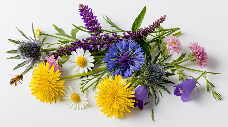 Loose arrangement of wild meadow flowers with a bee on white background