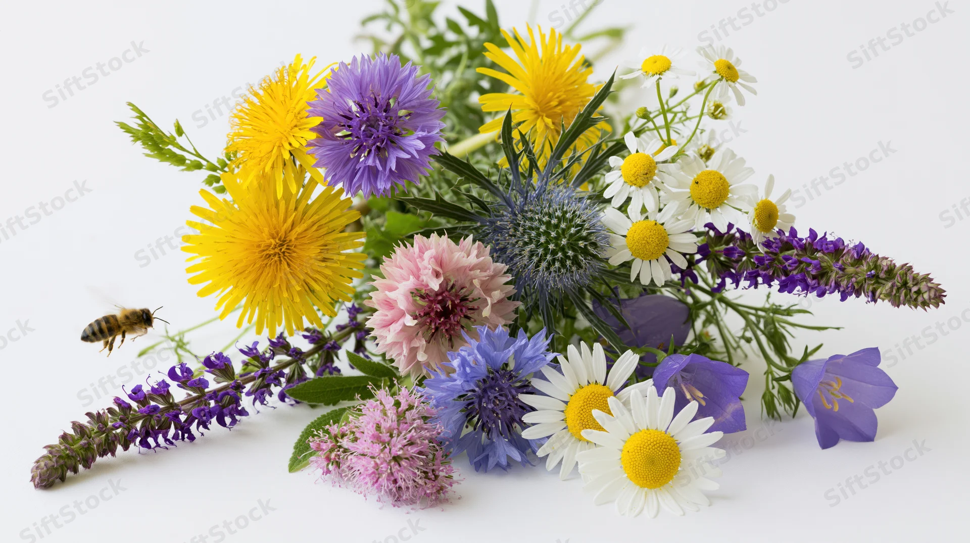Loose arrangement of wild meadow flowers with a bee hovering nearby on white background