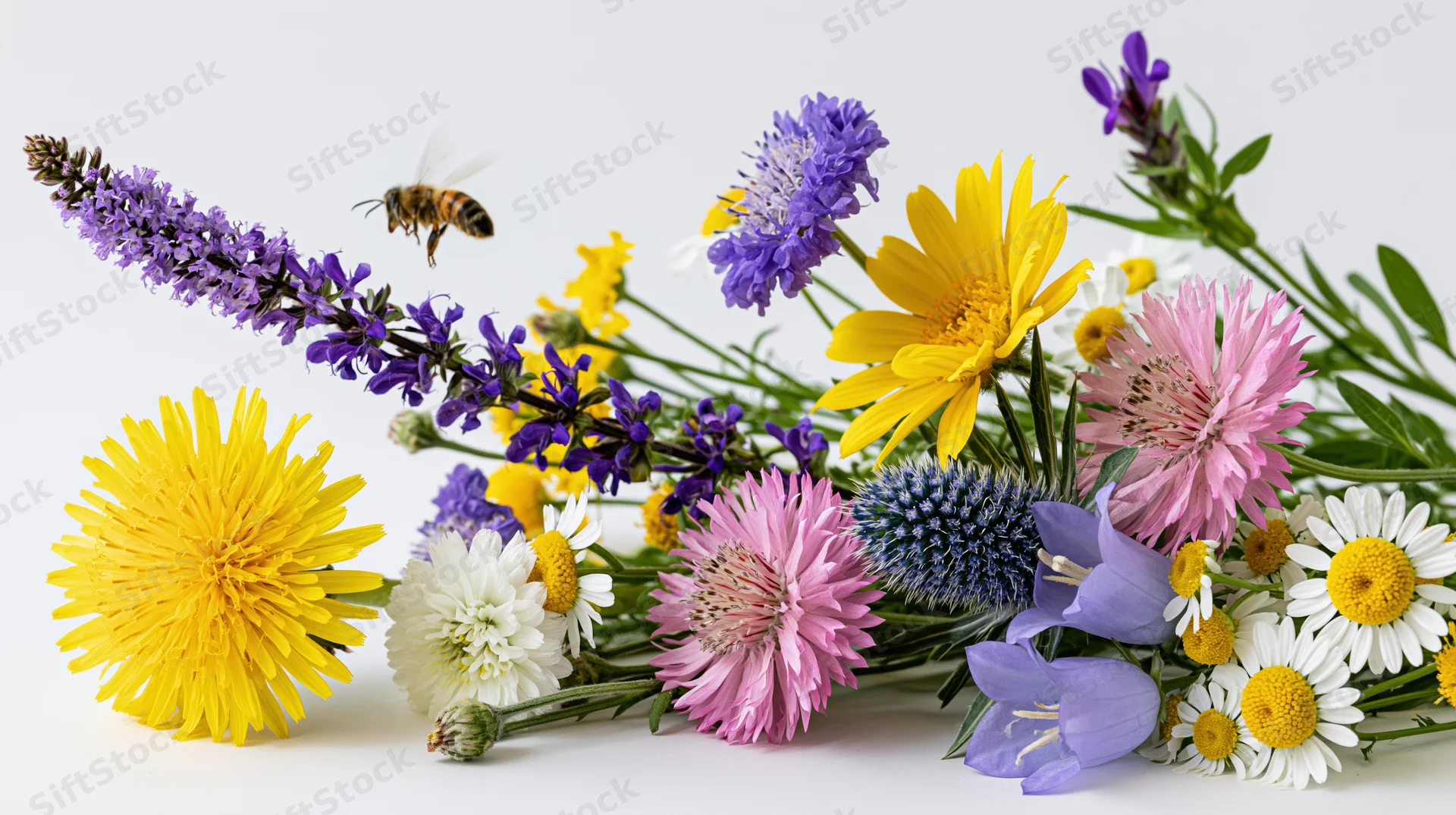 Loose arrangement of wild meadow flowers with a bee hovering nearby on a white background