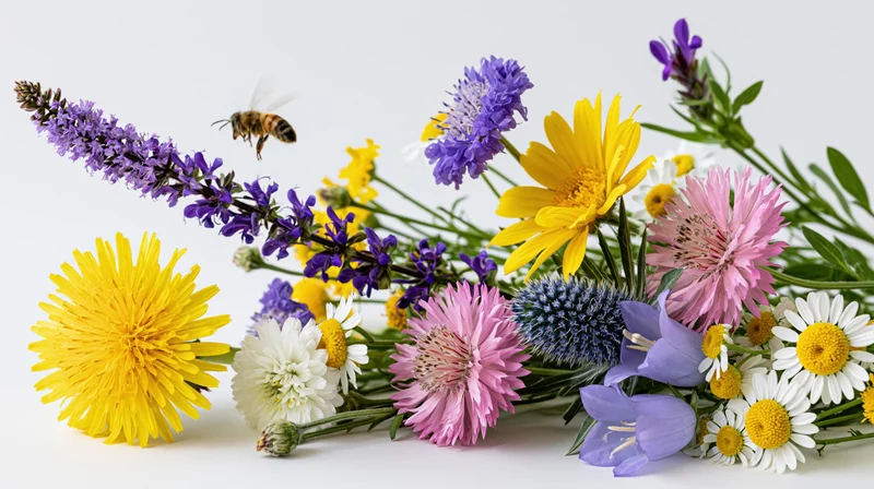 Loose arrangement of wild meadow flowers with a bee hovering nearby on a white background