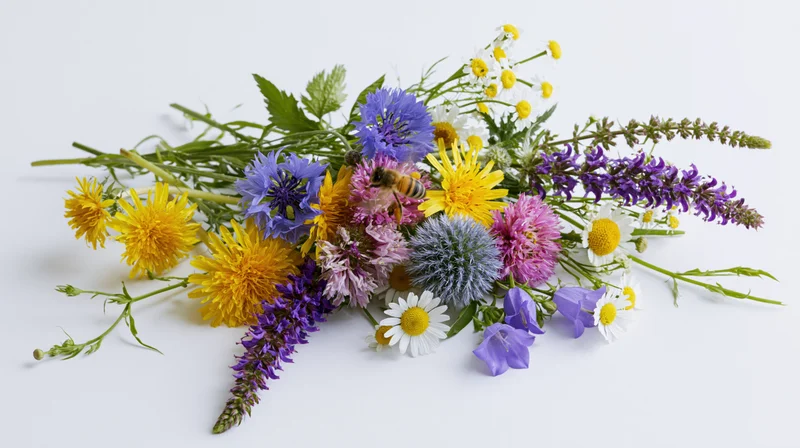 Loose arrangement of wild meadow flowers with a bee on white background