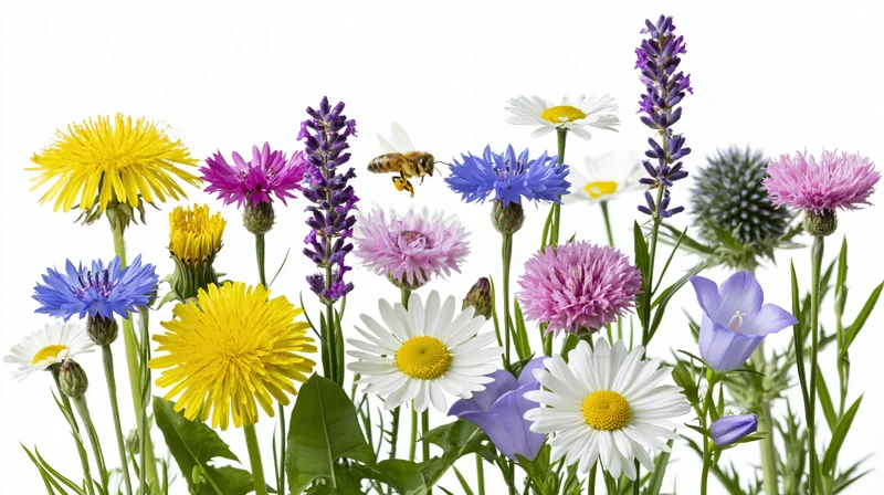 Wildflowers and a bee in a loose arrangement against a white background