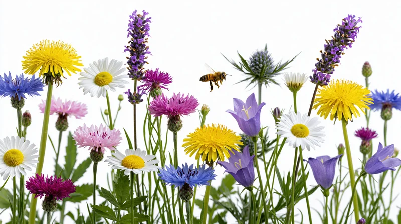 Wildflowers in bloom with a bee flying among them against a white background
