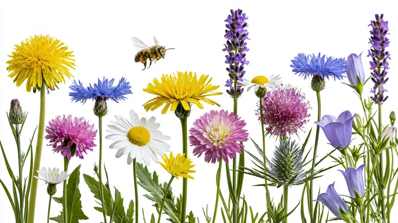 Loose arrangement of wild meadow flowers with a bee in flight against white background