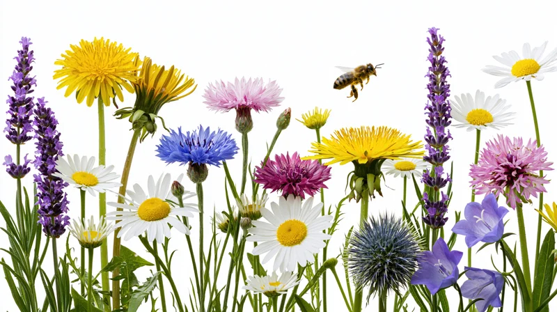 Wildflowers and a bee in a loose meadow arrangement isolated on white