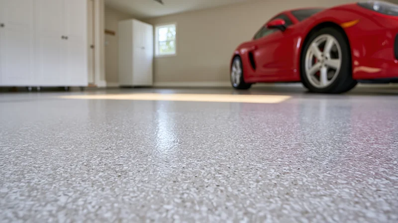 Low-angle view of polished epoxy-coated garage floor with red sports car in background