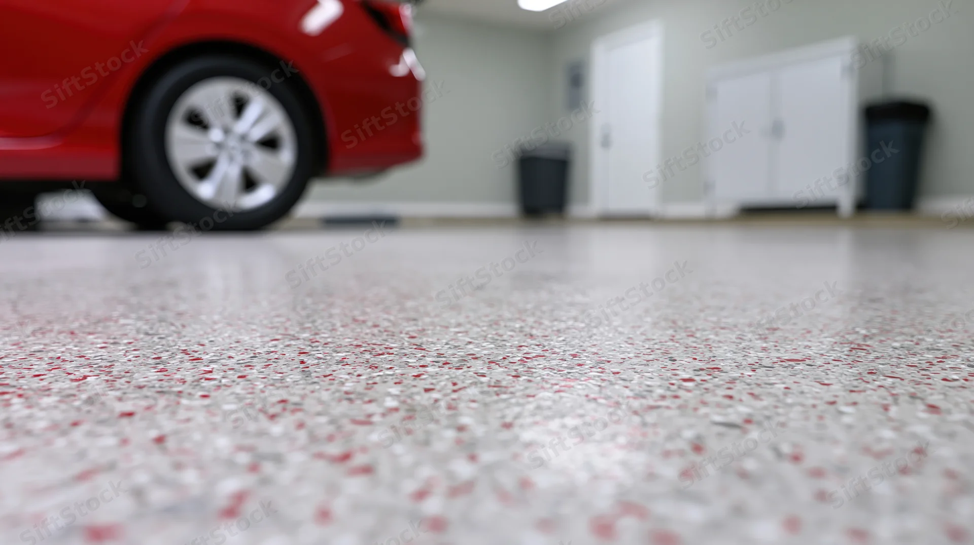 Polished epoxy garage floor with red car parked nearby, low-angle view