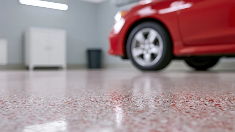 Low-angle view of a polished epoxy garage floor with a red car in the background