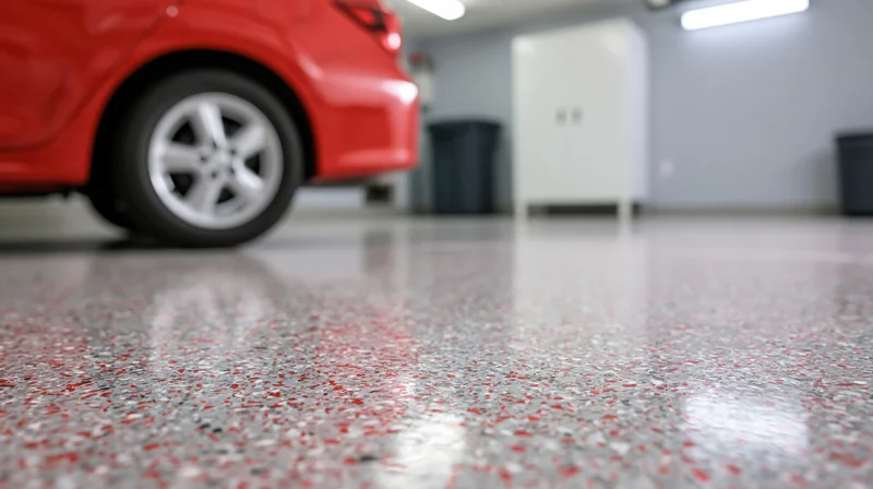 Polished epoxy garage floor with red car parked nearby, low-angle view