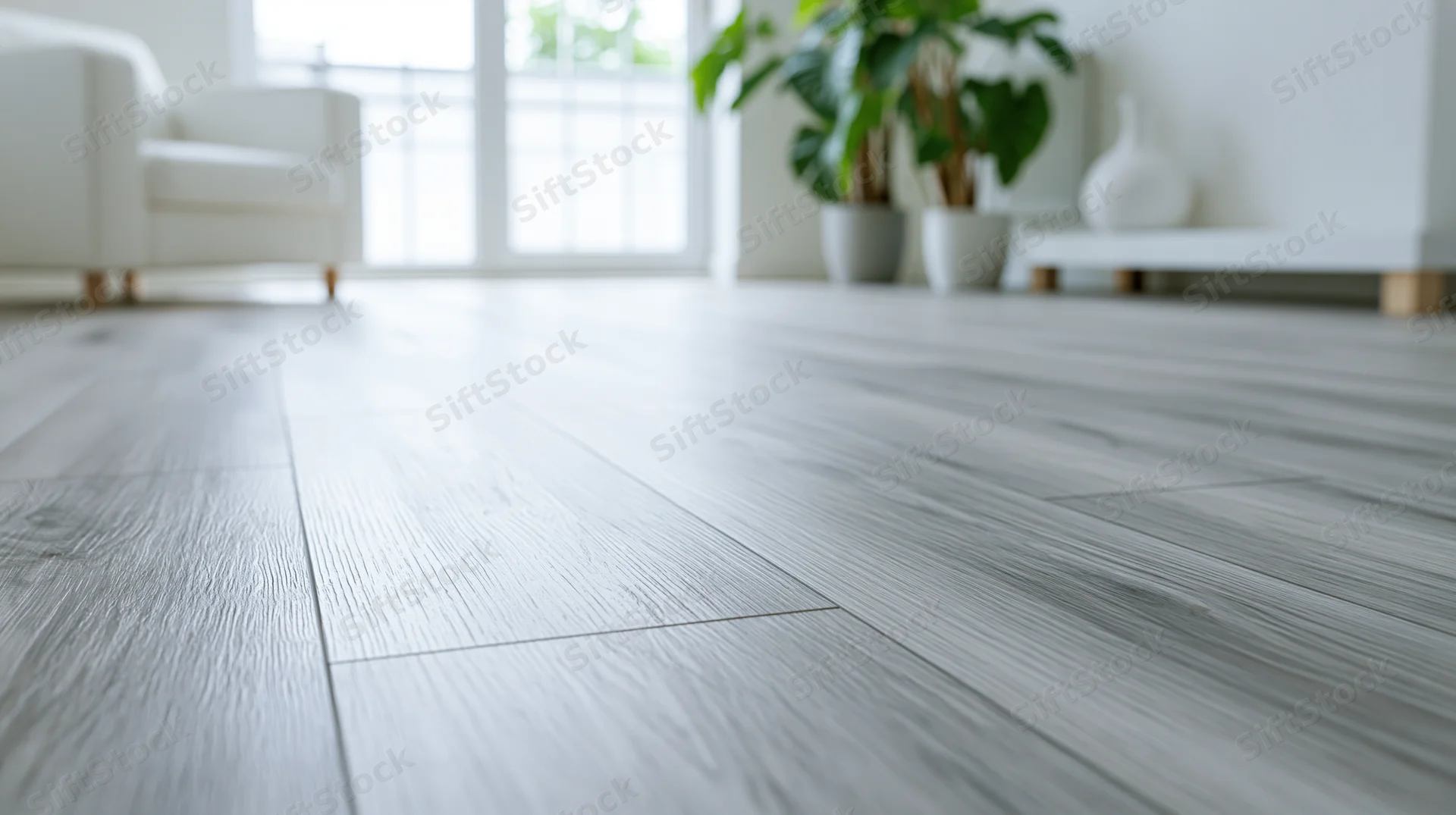 Low-angle view of pale grey wood-grain laminate flooring in a bright living room
