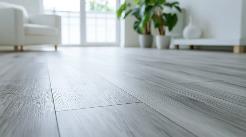 Low-angle view of pale grey wood-grain laminate flooring in a bright living room